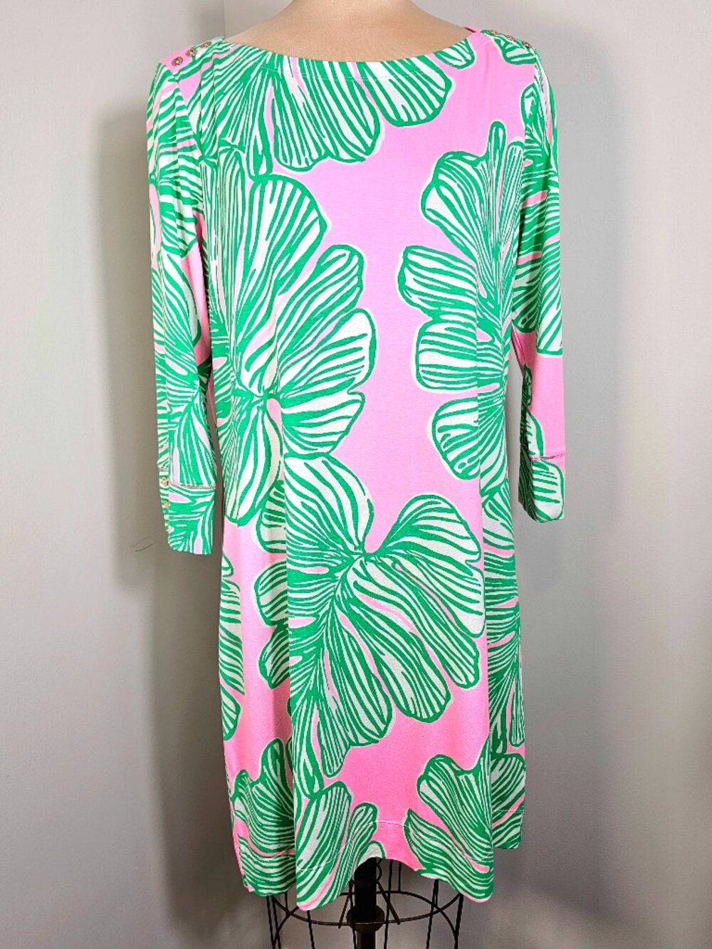 Lilly Pulitzer Pink Green Floral Knit Shift Dress Gold Buttons XL